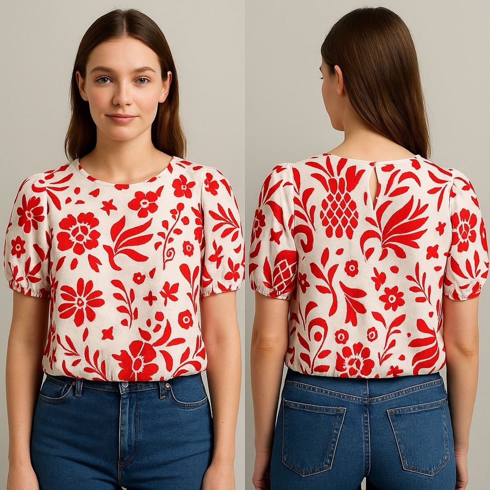 Coastal European Summer Red Floral Puff Sleeve Linen Crop Top‎ Size S